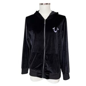True Religion‎ Mens Black Velour Zip Up Hoodie Horseshoe Velvet Logo Black NWOT
